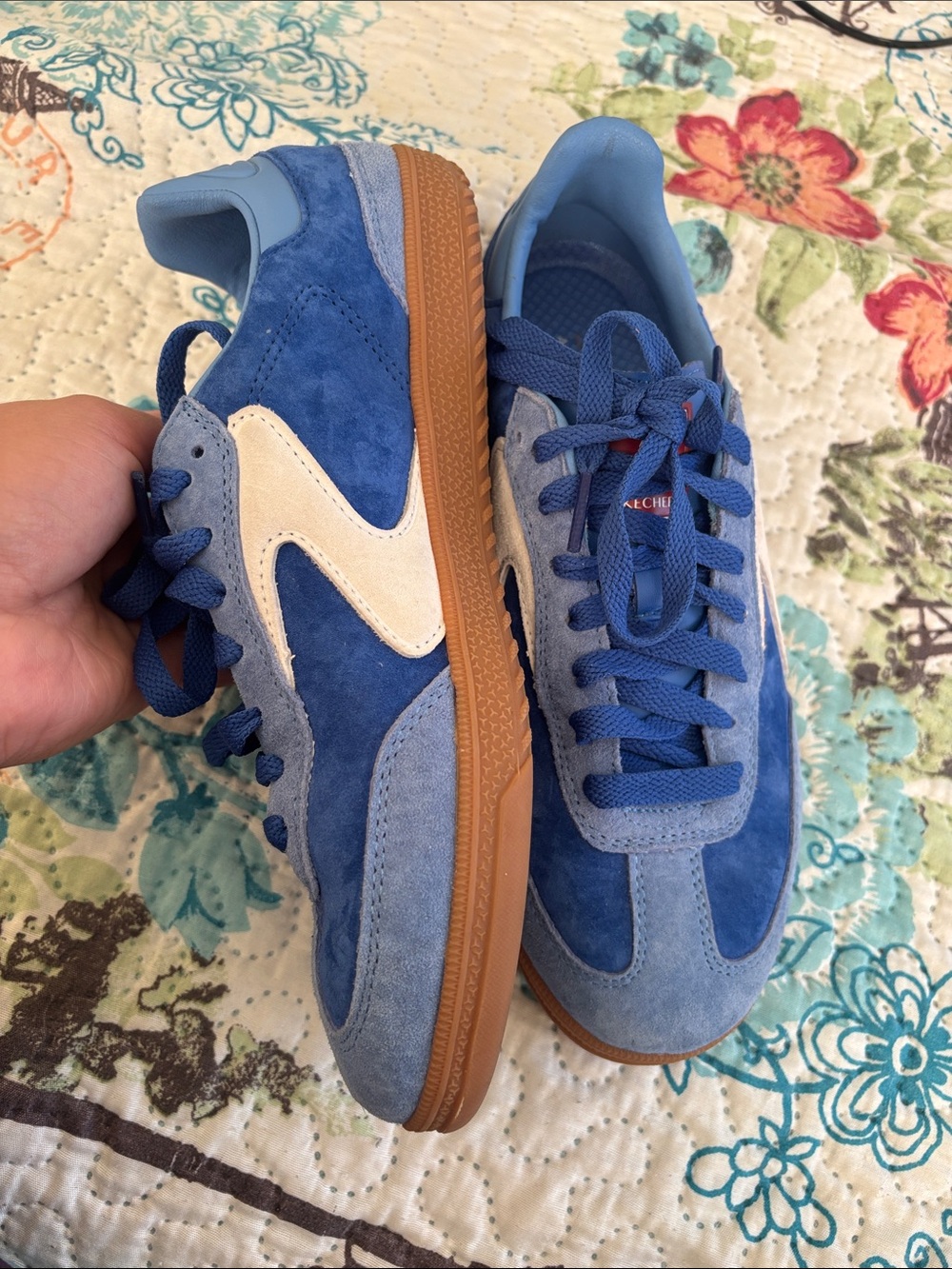 Skechers Blue Suede Sneakers with Cream Accent and Gum Sole
